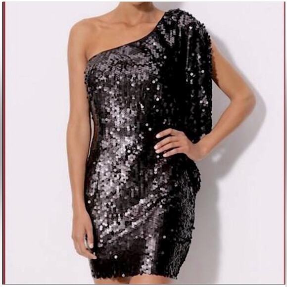 Aidan mattox sequin one shoulder cape dress mini black white - Picture 6 of 8